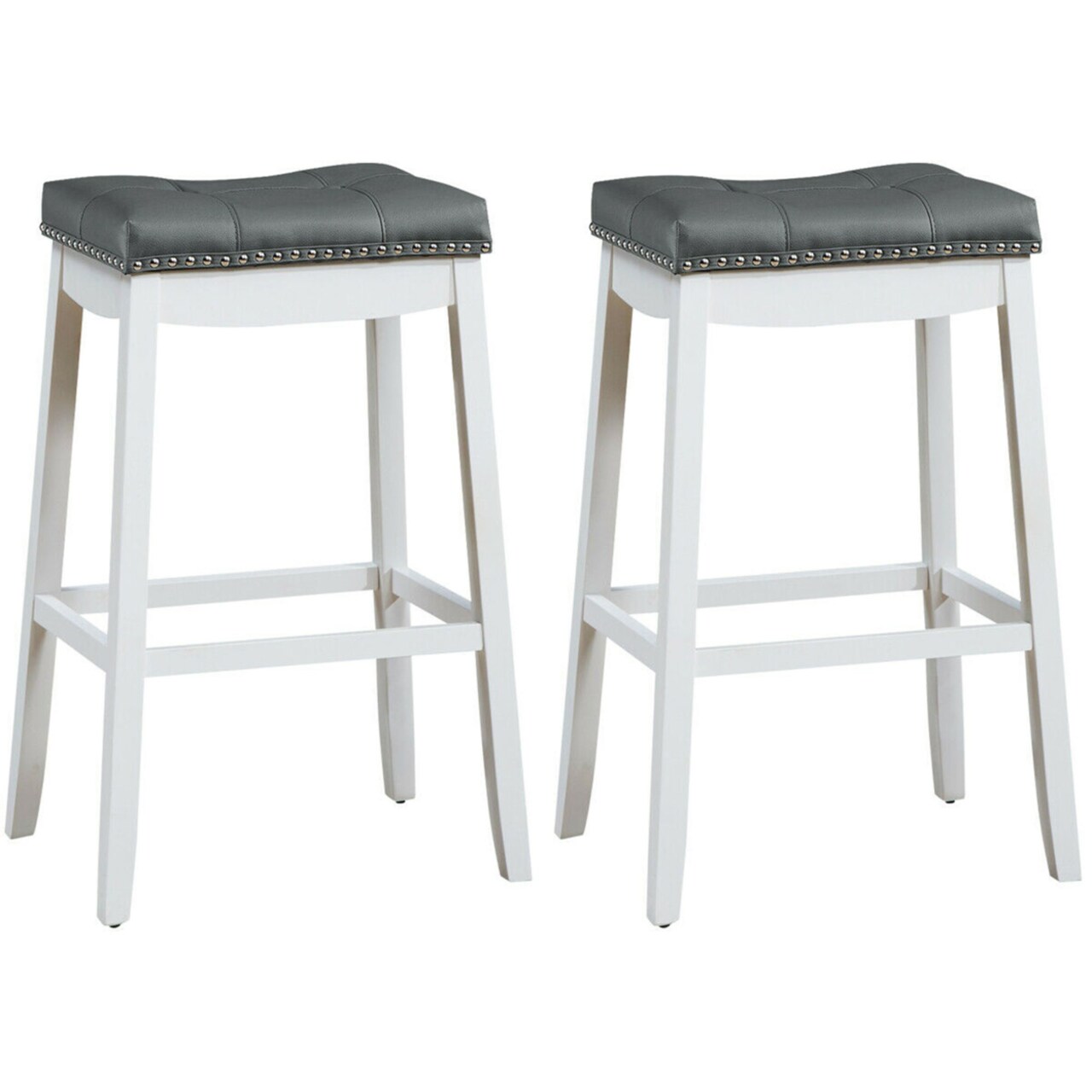 Set Of 2 Nailhead Saddle Bar Stools 29 Pub Chairs With Rubber Wood Legs White